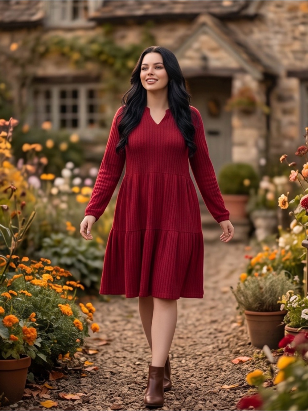 ANRABESS Burgundy Red Ribbed Knit Babydoll Dress Notch Neck Pockets Womens L NWT